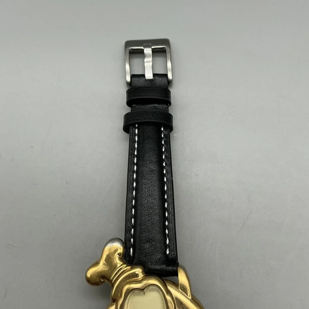 Vtg Lorus Womens Watch 30mm Disney Goofy Gold Tone Black Leather New Battery